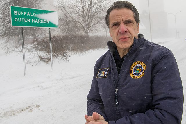 Governor Andrew Cuomo travels to closed Skyway Highway in Buffalo to view its condition and confronts truckers not adhering to Truck/Bus travel ban along the way.